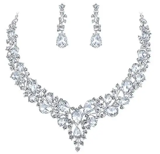 Women'S Wedding Bridal Austrian Crystal Teardrop Cluster Statement Necklace Dangle Earrings Jewelry Set