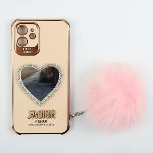 Lady cell phone case with bling mirror and soft fur ball mobile phone cover for apple iPhone 13 12 11