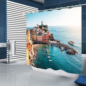 Ensemble de rideaux de douche en polyester à imprimé numérique méditerranéen côtier avec anneaux, imperméable, décoration de salle de bain - Product Image 1