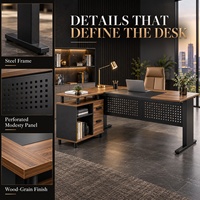 Bureau de direction en forme de L avec structure en acier et finition bois, avec armoire de rangement intégrée, idéal pour les projets professionnels (vente en gros)