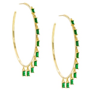 <strong>Emerald</strong> Green <strong>Drop</strong> Cz Rectangle Cubic Zirconia Gold Plated Big Hoop <strong>Earring</strong> - Product Image 2