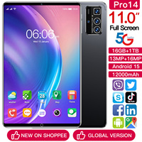 Tablette Android 15 Pro 14 11 pouces MTK Octa Core 16 Go + 1 To 108 MP 8000 mAh 5G Double SIM + TF Multilingue Global Carbone