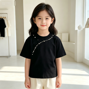 เสื้อยืดแขนสั้นสีดำสำหรับผู้ชาย ประดับมุกและคริสตัล ทรงลำลอง ผ้าฝ้ายแท้ สีพื้น เสื้อโปโลแขนสั้นสำหรับผู้ชาย - Product Image 3