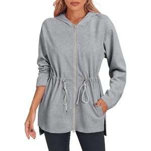 Sweat-shirt à capuche zippé pour femme, coupe oversize, manches longues, taille à cordon de serrage, fentes latérales, style tunique, tenue décontractée - Product Image 1