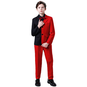 Rojo Negro Contraste Color Hombres Cena Tails Niños Formal <span class=keywords><strong>Tuxido</strong></span> Vestido Trajes Niños Navidad Blazer Set Niños Ropa de boda - Product Image 1