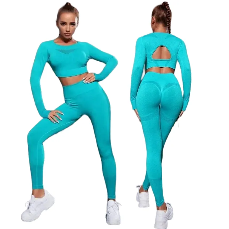 Aoyema Fitness Clothing Exercise Sportswear Workout Apparel Gym Clothes Women Seamless Long Sleeve Yoga Set