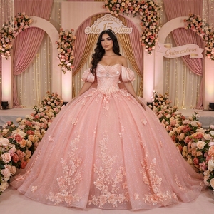 Robe de Quinceañera de luxe Xybb01-Pz rose pêche, buste drapé, corset perlé, appliques florales 3D, robe de bal scintillante Jancember - Product Image 1