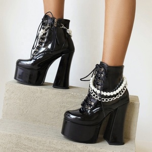 Bottines élégantes à fermeture éclair latérale avec chaîne de perles, bout carré noir, plateforme, lacets, talon épais, grande taille 43 - Product Image 2