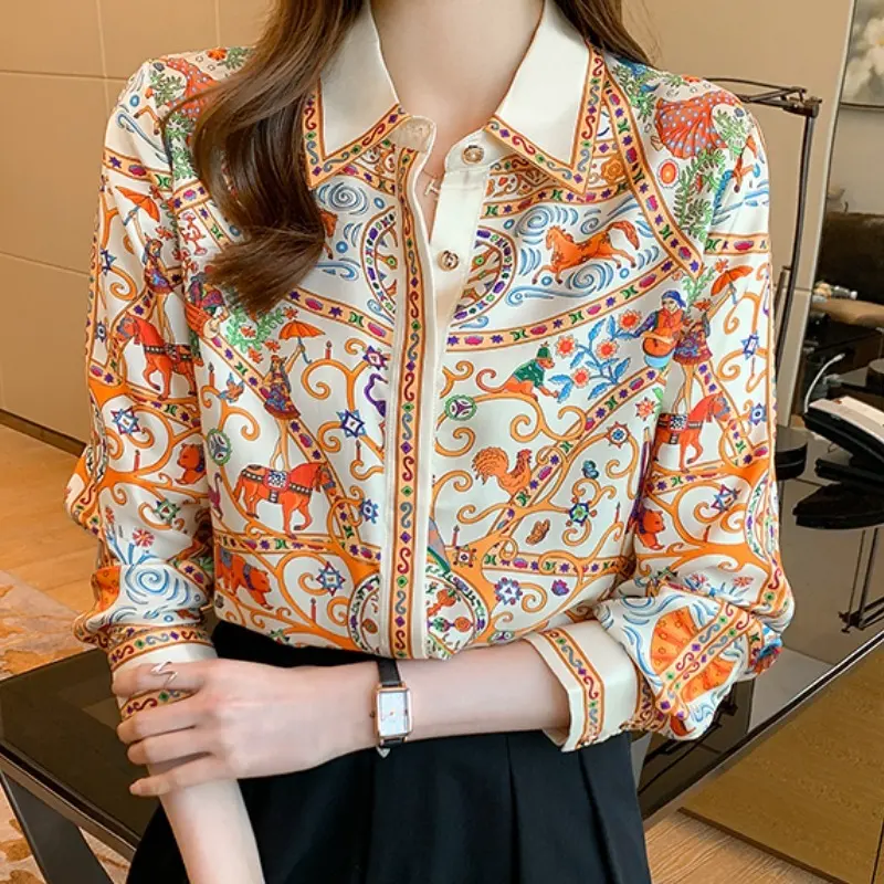 Basic Office Lady Blusa Turn-down Collar Vintage Print Tops Elegant Chiffon Women Blouses Loose Casual Shirts