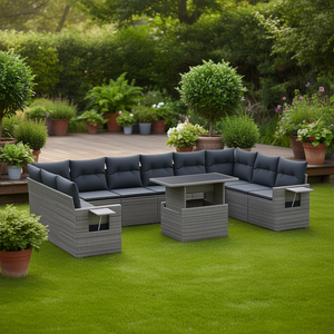 Grey Pe Rattan <b>Garden</b> <b>Sofa</b> Set 6 Seater Outdoor Furniture With Adjustable Armrests Contemporary Design - Product Image 2