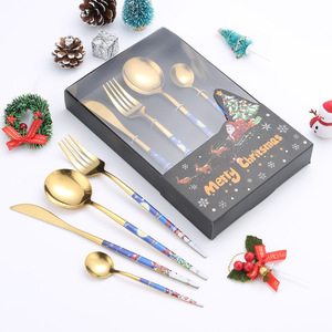Christmas Stainless Steel Cutlery Set 4 Piece Gold Plated Holiday Tableware Gift Box Western Dinnerware - Product Image 1