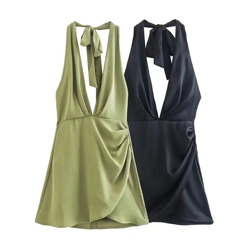 Customized 2022 summer new women's black silk satin texture halter neck lace-up mini dress Backless Zipper Fly Casual Dresses