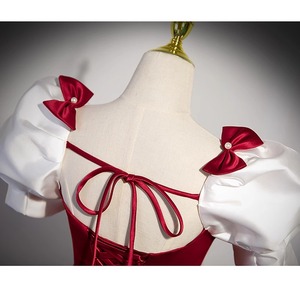 Red Off The Shoulder Evening Gown Empire Waist Claret Contrast Color Puff Sleeve Wedding Dress - Product Image 2