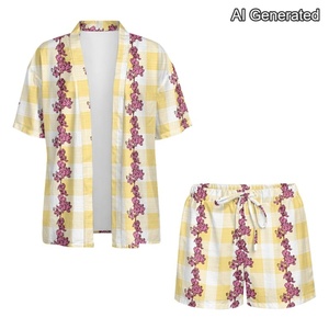 Conjunto de camisa informal para <span class=keywords><strong>mujer</strong></span>, pantalones cortos de cintura alta, traje holgado con estampado de flores a cuadros para verano, para playa - Product Image 5