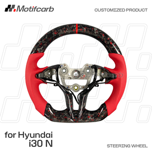 Volante de Fibra de Carbono Forjado Rojo Personalizado con Empuñaduras de Cuero Rojo para Hyundai Elantra N I30N I20N N-line 2018-2026 - Product Image 2
