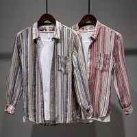 Chemise en lin rayée décontractée pour homme, style japonais rétro, à manches longues, patchwork de couleurs assorties, coupe ample, collection printemps, vente en gros