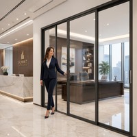 Porte coulissante en verre pour bureau Design Studio, cadre extra fin noir mat pour une transparence maximale, béton poli