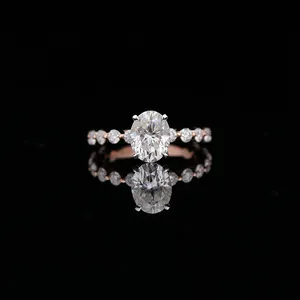 Half eternity 2.5mm bubble band 2.5ct D color oval brilliant cut moissanite engagement ring with hidden halo