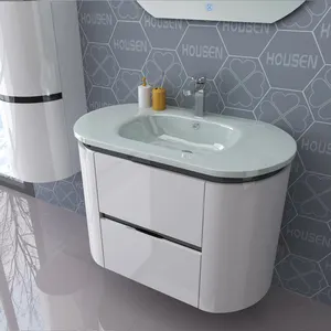 Mueble de baño impermeable con espejo LED, tocador de bambú, cartón moderno, melamina, Hotel, CAD, cierre suave, 3 años, 5 Juegos