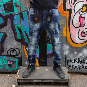 Amirys 2025 Pantalones Casuales para <span class=keywords><strong>Hombre</strong></span>, <span class=keywords><strong>Jeans</strong></span> Biker Ajustados con Bordado, Denim Desgastado de Algodón, Tendencia de Moda Unisex - Product Image 1