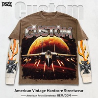 T-shirt Homme Manches Longues Effet Superposé OEM ODM, Imprimé Vintage Streetwear Hardcore, Style Motard Croix de Fer Délavé et Vieilli