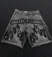 Shorts en jean droits Y2K pour homme, style designer, avec décoration en diamant, coupe droite, délavés à l'acide, noirs, pour l'été, streetwear