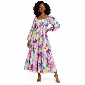 Robe longue évasée à imprimé floral pour femme, douce au toucher, à manches longues, pour occasions spéciales, automne-hiver, robe de soirée pour femme - Product Image 1