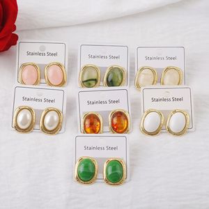 Boucles d'oreilles vintage en acier inoxydable texturé avec <span class=keywords><strong>pierre</strong></span> œil de tigre et turquoise pour femmes, bijoux de mode bohème européens en gros - Product Image 1