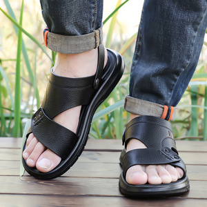 Men's Cross Strap <b>Sandals</b> Genuine Leather Open Toe Rubber Outsole Anti Slip Casual Summer Shoes Solid Pattern Embossed Logo - Product Image 3