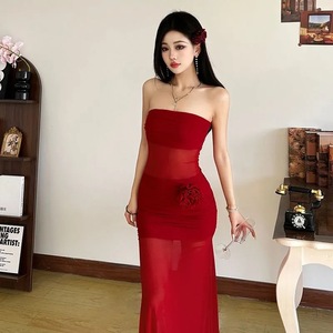 Strapless Translucent Evening Dress With Floral Print Natural Waist Long Skirt For Banquets And Dates - Product Image 4