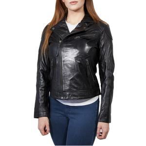 Chaqueta de cuero de tres botones para mujer, estilo motorista elegante, prendas de vestir exteriores de piel de cordero genuina suave con tejido de ganchillo, abrigo de moda - Product Image 1