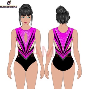 Luccicante strass ginnastica artistica body-lussuoso Pattern Design Costume da gara di ginnastica ritmica da ragazza OEM - Product Image 3