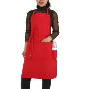Celemek Bib kanvas katun dapur hitam merah cetak Logo kustom kualitas tinggi dengan tali pinggang untuk penggunaan sanitasi dewasa
