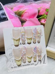 Peinture florale 3D jaune française faite à la main <span class=keywords><strong>faux</strong></span> <span class=keywords><strong>ongles</strong></span> en ABS cercueil perle papillon artificiel réutilisable pour l'application des doigts - Product Image 3