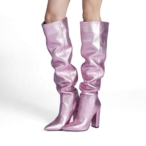 Dazzling Stiletto <b>Boots</b> Pleated on Pointed Toe Women Knee High <b>Boots</b> Winter High Heel <b>Boots</b> Chunky Heel Big Size 47 - Product Image 1