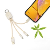 Câble de chargeur USB carré en gros écologique Paille de blé promotionnelle 3 en 1 Câble de chargement porte-clés avec verrouillage par mousqueton