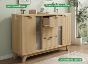 <span class=keywords><strong>Buffet</strong></span> à côtés cannelés avec 3 tiroirs aspect rotin, accents de porte en verre, poignées dorées - Product Image 2