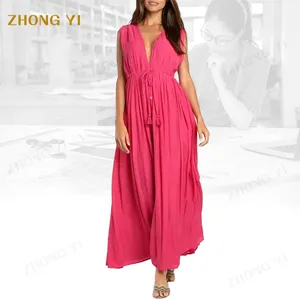 Femmes coton Maxi robe col en v sans manches dos ouvert bouton pli conception couleur unie décontracté mode été coupe ample fendu