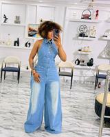 Combinaison Longue en Jean Sans Manches Style Streetwear pour Femme