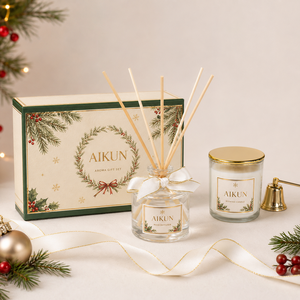 Aikun - Juego de Difusor de Aromas con Varillas de Vidrio Redondas de 150 ml, MOQ Bajo, OEM Rápido, con Vela Perfumada, Etiqueta con Logotipo, Caja Verde, Larga Duración, para Navidad - Product Image 1
