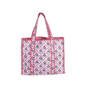 Bohemian <b>Quilted</b> Design Cotton Tote Bag with Embroidery Open Top Eco-Friendly Handmade-All Seasons for Red White - Product Image 6