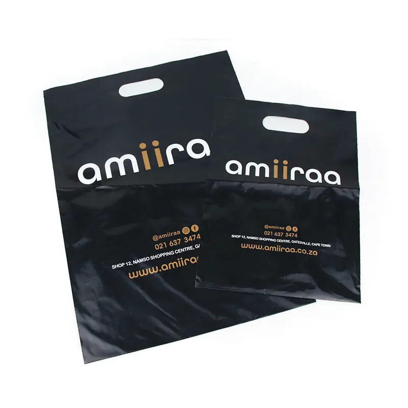 Черные пластиковые пакеты для покупок с индивидуальным принтом, упаковка для одежды с золотым логотипом, экологически чистый полиэтиленовый пакет для покупок с высечкой