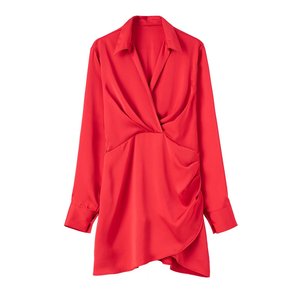 R40975S 2022 신상 여성 실크 새틴 하이웨이스트 딥브이넥 솔리드 컬러 플리츠 롱 슬리브 셔츠 드레스 - Product Image 5