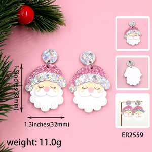 HYLER2559 akrilik küpe toptan noel pembe Santa stil UV baskılı lazer kesim sentetik elmas inci altın moda - Product Image 3