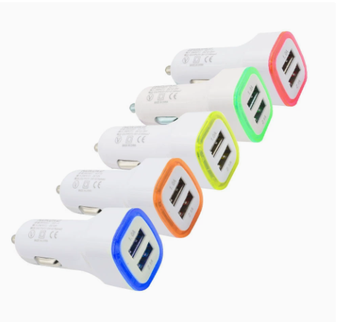 Dual USB Car Charger 1A+2.4A Separated Output Electroplated Silver Ring Car Cigarette Lighter Charger OEM Logo Wholesale