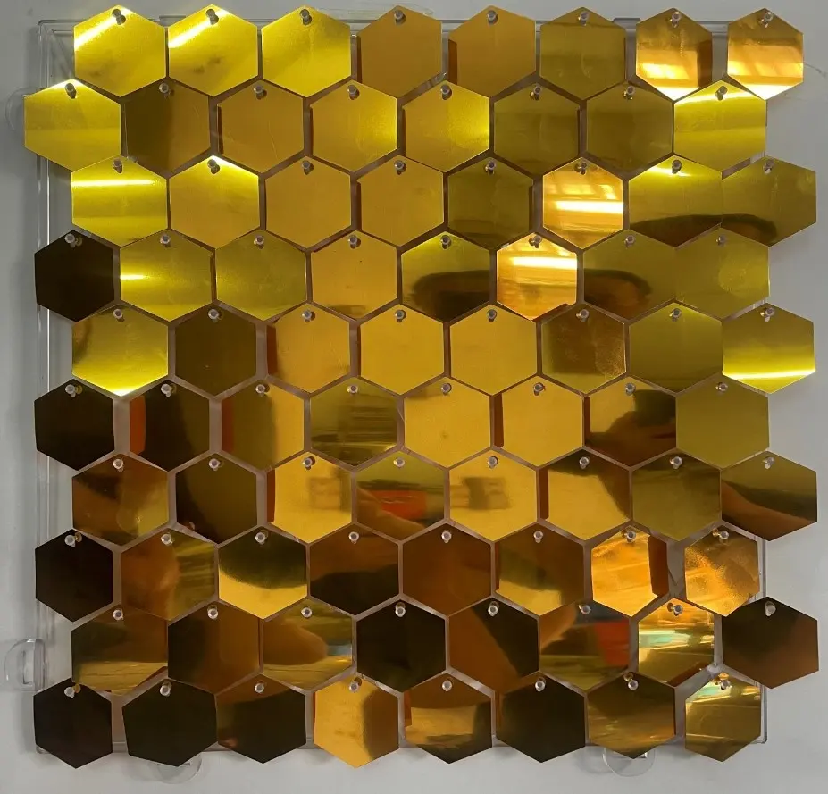 شبكة ظهر ذهبية شفافة مع ترتر على شكل سداسي لخلفية الترتر الجدارية اللامعة