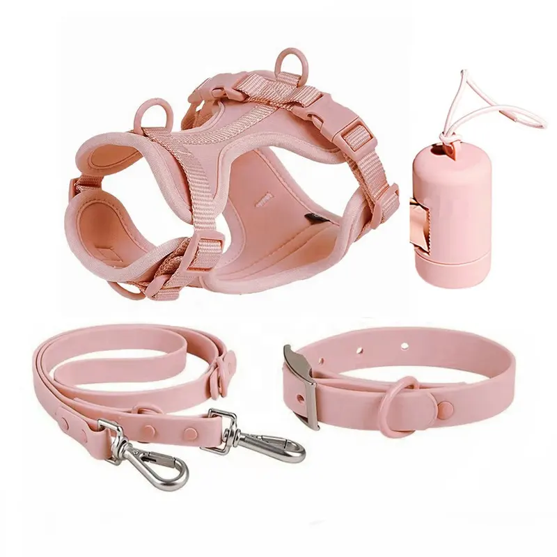 Ensemble harnais pour chien en polyester PVC imperméable personnalisé distributeur de sacs à crottes pour animaux de compagnie ensemble collier et laisse pour chien