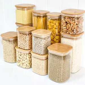 Multi Size Square Food Storage Bamboo Lid Glass Jar Pasta Glass Container