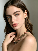 Collier ras du cou vintage XM N453 avec pendentif cœur rouge en strass et fleur verte, chaîne maillée, style rétro gothique pour femme, bijou de cou quotidien