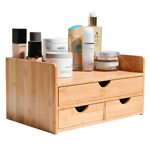 Boîte de rangement de bureau moderne en bambou naturel multi-usages à 3 niveaux pour maquillage cosmétique avec tiroir - Product Image 5
